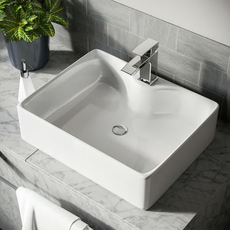 Lavabo moderno rettangolare in ceramica, lavabo da appoggio per bagno, lavabo, 480 x 375 x 130 mm, bianco (1/5)