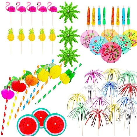 120tlg Cocktail Deko Set: Schirmchen, Ananas, Flamingos & Strohhalme für Partys (1/5)
