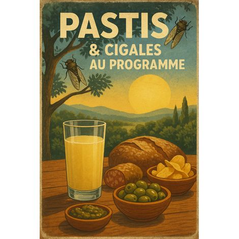 Plaque métal pastis et cigales au programme 30,5 x 20 cm (1/2)