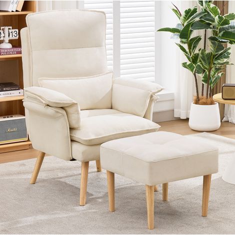 Sillón reclinable de 85 x 78,5 x 112 cm con reposapiés, respaldo reclinable en 5 posiciones, lino gris, patas de madera beige. (1/5)