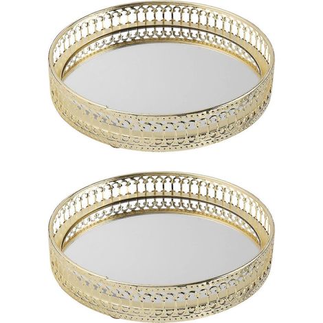 2 x goldenes Eisen-Schmuck-Aufbewahrungstablett, Glasspiegel, Make-up-Manager, Schreibtisch, Kosmetik, Dessert, dekorativ (1/5)
