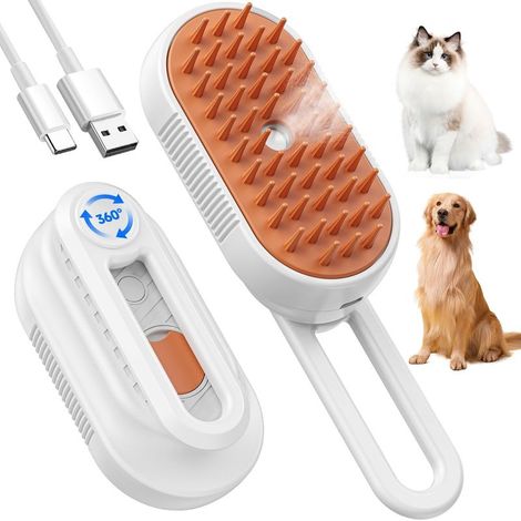 5-in-1 Elektrische Dampfbürste für Hunde/Katzen, wiederaufladbar, mit Wassertank, Fellpflege, Massagefunktion, Weiß (1/5)