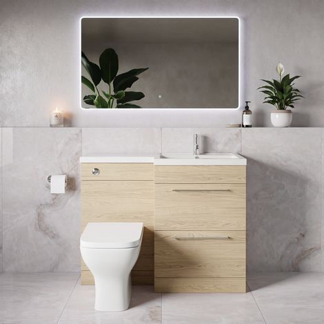 Napoli 390 Light Oak 1100mm 2 Drawer Vanity Unit Toilet Suite with Square Right Hand Lucia Basin - 1100mm - Chrome 320mm HandleWith Kingston Toilet Pan and Seat