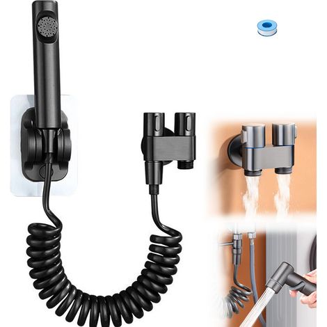 Kit de pulvérisateur de robinet de toilette à double vanne de commande 1entrée 2 sorties,nettoyeur de fesses,pulvérisateur de bidet portatif 20mm—noir (1/5)