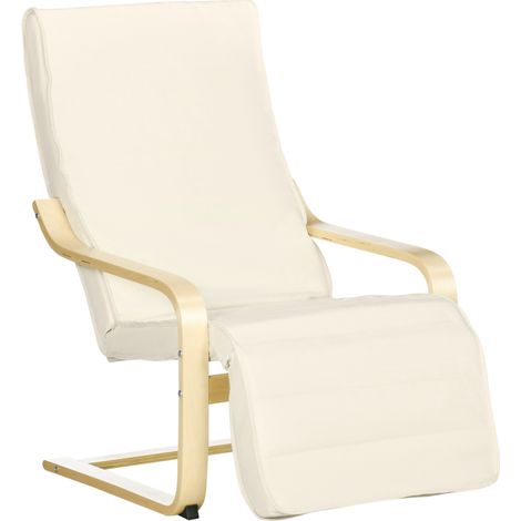 Fauteuil relax avec repose-pieds réglable en bois de bouleau et tissu effet lin crème 66,5 x 94 x 100 cm (1/5)