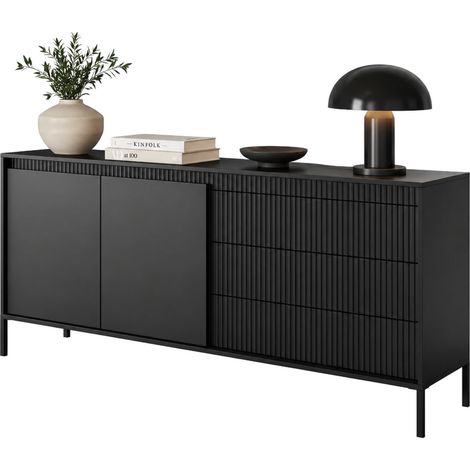 Sideboard Hatone, Anrichte 3 Schubladen, 2 Regale, Türen schwenkbar, gleitend, 187x40x81h cm Schwarz