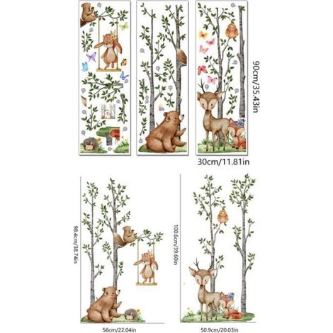 Stickers Muraux Animaux Forêt Bouleau Arbre Autocollant Mural Ours Cerf Renard Décoration Murale Enfants Salon (1/4)