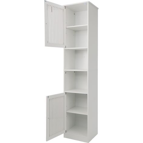 Mobile bagno alto bianco 163 cm in MDF e truciolare con ripiani regolabili e ante a lamelle (1/5)
