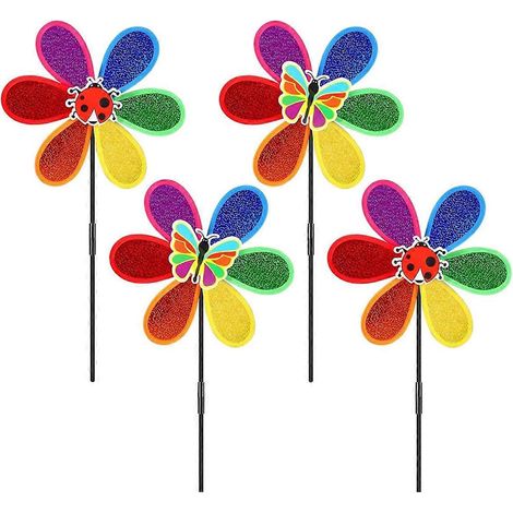 Lot de 4 moulins à vent pour jardin, motif floral arc-en-ciel, moulins à vent pour pelouse et jardin. (1/4)
