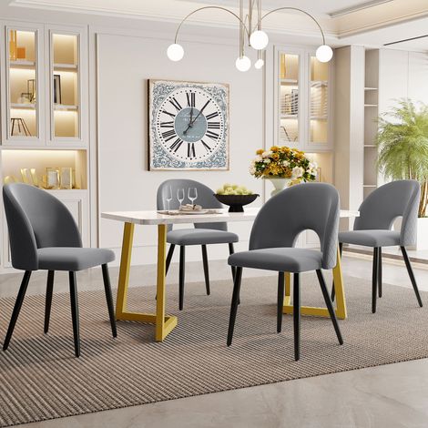 Ensemble repas 4 places en MDF et velours gris, table rectangulaire avec chaises réglables (1/5)