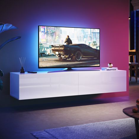 SONNI Modern TV Schrank mit Schublade, Separate Ablagefächer, Griffloses Design, Wandmontage/Standmontage, Hochglanz TV Board, Weiß, 1600 x 400 x 300 mm (1/5)