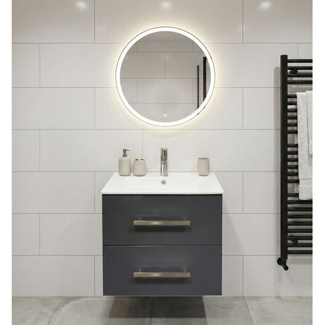 Meuble Salle deBains avec vasque/lavabo sous vasque suspendre Chania 60 Gris brillant, 1 Miroir Rond 60 avec LED (1/5)