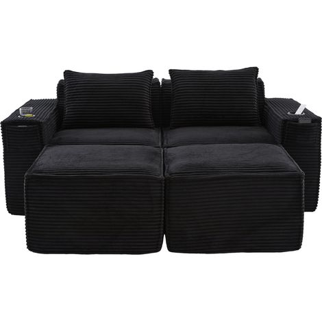 Divano modulare 2 posti in velluto a coste nero con 2 pouf, portabicchieri e tasche laterali (1/5)