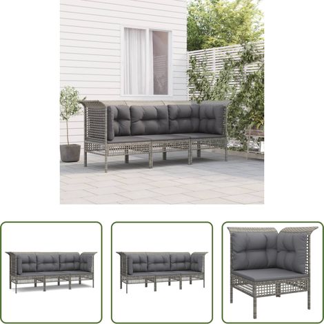 vidaXL Rattan - 3-tlg. Garten-Lounge-Set mit Kissen Grau Poly Rattan (1/5)