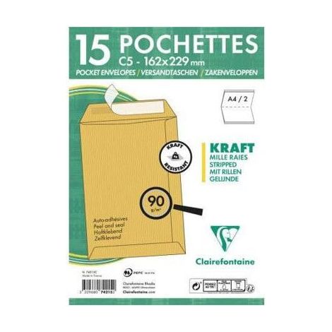 15 enveloppes - Kraft brun - C5 162x229mm - Auto-adhésive - Clairefontaine