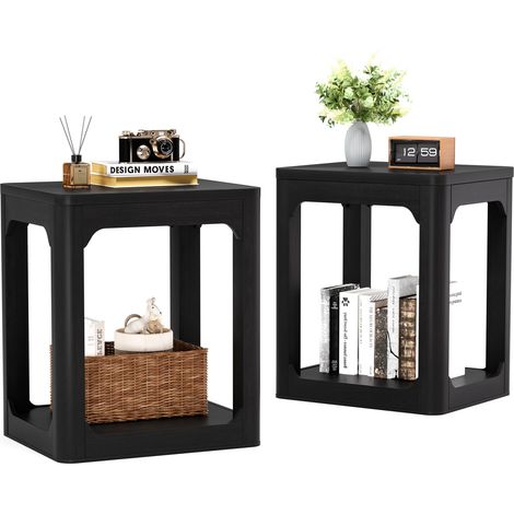 Ensemble de 2 tables d'appoint, tables de chevet avec plateau de 3 cm d'épaisseur, tables d'appoint à deux niveaux pour le salon, conviennent aux chambres et aux séjours, noires, 50 x 40 x 60 cm (1/5)