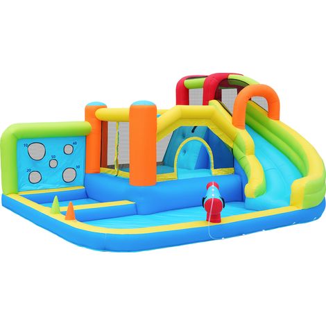 Château gonflable multifonction avec toboggan aquatique, trampoline et accessoires, en tissu Oxford résistant, pour enfants 3-8 ans (1/5)