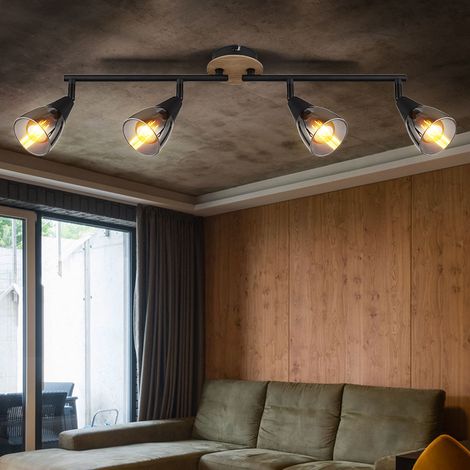 Deckenleuchte Deckenlampe Wohnzimmerleuchte Esszimmerlampe Schlafzimmerleuchte, Metall schwarz Holz braun Glas rauchfarben, 4 Flammig Spots beweglich E14, L 60 cm