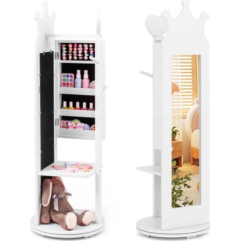 COSTWAY Armadio Portagioie per Bambini 36 x 36 x 112cm, Specchio da Terra a Forma di Corona con Ganci, Ripiani e Base Girevole, Toeletta per Cameretta (Bianco) (1/5)