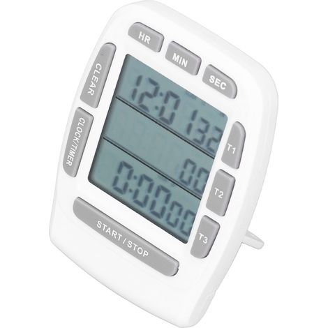 Minuteur triple, horloge, compte à rebours, chronomètre, 4,0 x 4,4 cm, écran LCD, multifonction, blanc, pile intégrée (1/5)