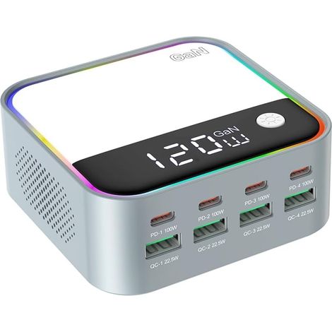 120W Chargeur rapide, station de charge USB C GaN à 8 ports avec port de charge rapide PD3.0 et QC3.0 de 100W et affichage numérique intelligent (1/5)