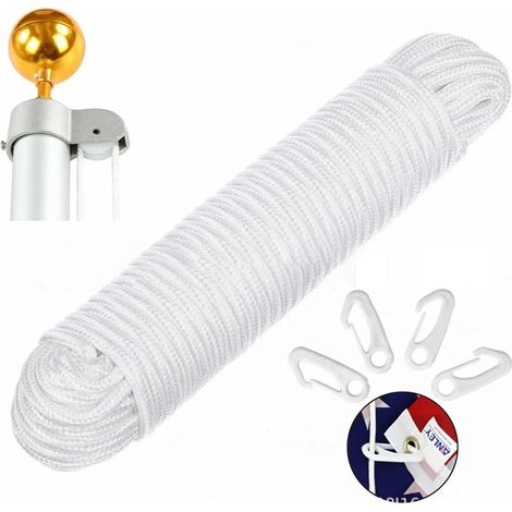 Fahnenmast-Seil-Set – Fahnenmast, Halyard-Seil, drehbare Karabinerhaken für Fahnenmasten, doppelt geflochtenes Nylon-Fahnenmast-Zubehör (24M, weiß) (1/5)