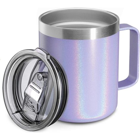 Mug isotherme en acier inoxydable de 35 cl avec poignée, double paroi, couvercle à enfiler, couleur lavande scintillante (1/5)