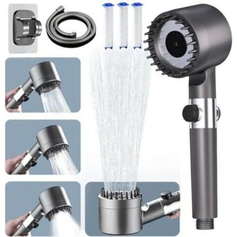 Cabezal de ducha de alta presión, cabezal de ducha antical con manguera de 1,5 m y soporte para ducha, 4 tipos de chorro con cierre de agua. (1/5)