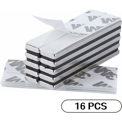 Aimants néodyme rectangulaires (lot de 16), 60 x 10 x 3 mm, avec ruban adhésif 3M. Aimants à film auto-adhésif, adhérence ultra-forte, pour le bricolage, la cuisine, les sous-sols et le bâtiment. (1/4)