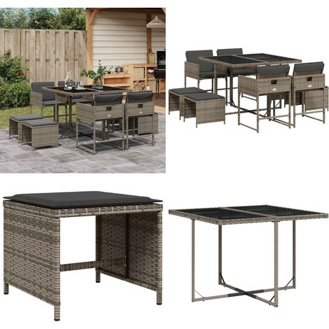 9-tlg. Garten-Essgruppe mit Kissen Grau Poly Rattan - Gartenmöbel Set - PE-Rattan Möbel - Outdoor Esstisch - Gartenstühle - Gartenhocker - Home & Living (1/5)