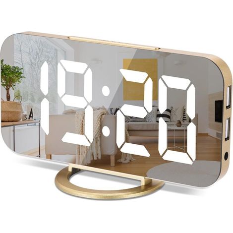 Horloge numérique à grand écran, électrique LED,Surface miroir pour maquillage avec mode d'intensité,3 niveaux de luminosité,Double ports USB,Décoration moderne pour la maison ou la chambre-Doré (1/2)