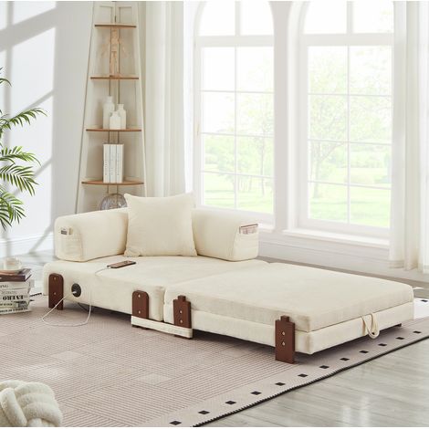 Canapé convertible en tissu beige 2-en-1 pliant avec ports USB/Type-C et rangement (1/5)