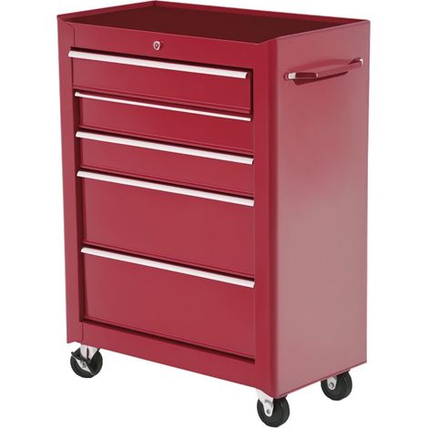 Carro de herramientas de taller con ruedas, 5 cajones, cerradura y asa lateral, 61,5 x 33 x 82,5 cm, rojo