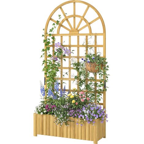 Jardinière treillis en bois avec drainage pour la culture de légumes, fleurs et herbes aromatiques, 90 x 30 x 180 cm, naturelle (1/5)