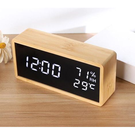 Réveil numérique bois LED blanc AUCUNE, USB, snooze, affichage heure température humidité (1/4)
