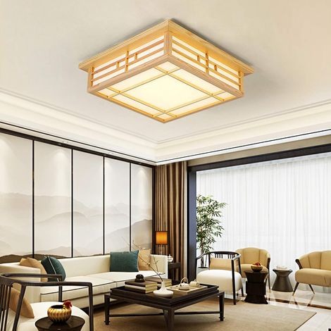 Plafonnier LED Carré en Bois Style Japonais Lampes Lumière Chaude Tatami Éclairage de Plafond 45 45cm (1/5)