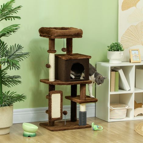 Árbol Rascador para Gatos 104 cm con Plataformas Poste con Cepillo Bolas Colgantes y Almohadilla para Rascar Marrón (1/5)
