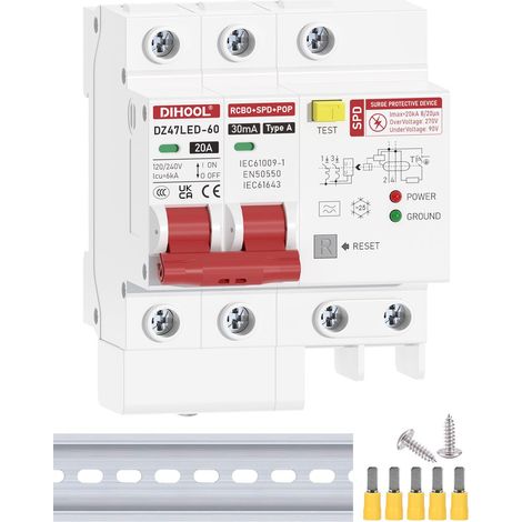 parafoudre type a disjoncteur de courant de défaut parafoudre type 2 Protection contre les surintensités 2 pôles 20A 30MA 120V / 240V Rail DIN (1/5)