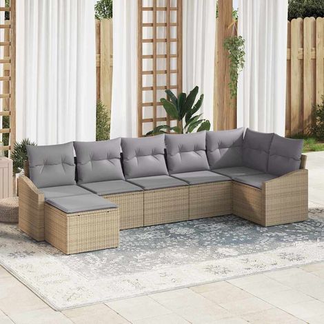 Garten-Sofa-Set mit Kissen 7 pcs Beige und Hellgrau Poly-Rattan (1/5)