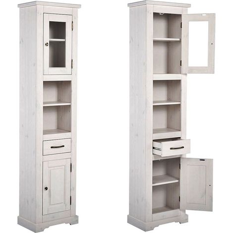 Landhaus Badezimmer Hochschrank LIRIA-56, Massivholz weiß gebleicht, B x H x T ca. 45 x 190 x 30cm (1/5)