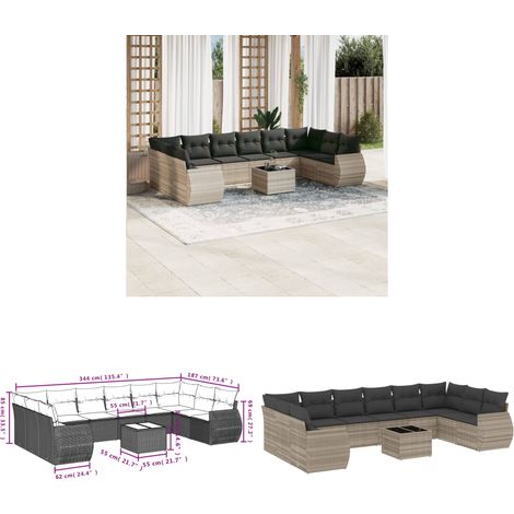 vidaXL Salon de jardin 11 pcs avec coussins gris clair résine tressée (1/3)