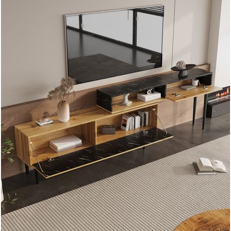 Meuble TV moderne 120 cm en MDF, aspect marbre et bois, avec rangements, pieds en fer DESVIAE (1/5)