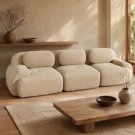 Divano modulare 3 posti in tessuto a coste beige, senza montaggio, 298 x 103 x 70 cm HAVRYA (1/5)