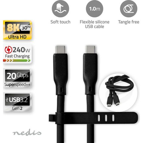 Cable usb usb 32 generacion 2 usb c macho usb c macho 240 w 8k30hz 20 gbps niquelado 100m redondo silicona negro en caja (1/5)