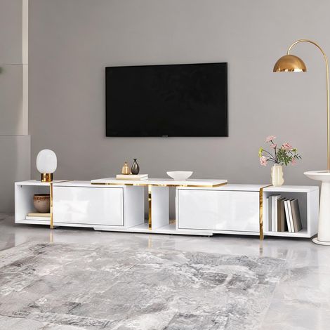 Meuble TV blanc laqué extensible avec étagères 275 cm (1/5)