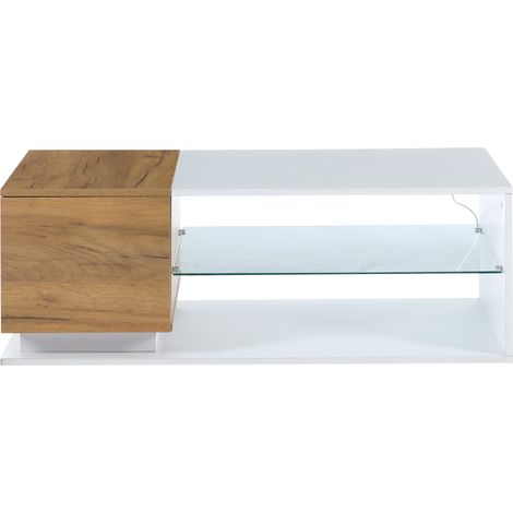 Mesa de centro LED 105 x 50 x 36 cm blanca y roble con almacenamiento y vidrio templado (1/5)
