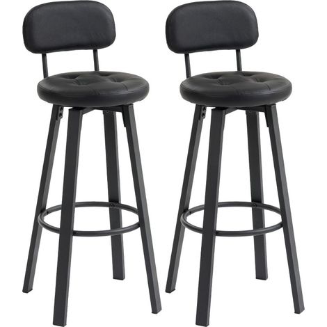 Lot de 2 tabourets de bar en simili cuir avec assise rembourrée. Dotés d’un dossier, d’un repose-pieds et d’une structure métallique, couleur noire