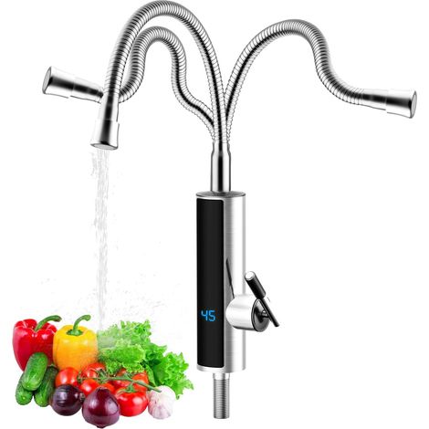 Robinet électrique 3000 W, Chauffe-eau instantané, Affichage de la température LED Rotation à 360°, Robinet de cuisine en acier inoxydable 304 - Pour cuisine, salle de bain, caravane, camping(Argenté) (1/5)