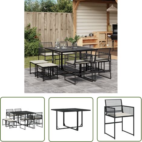 The Living Store 9-tlg. Garten-Essgruppe mit Kissen Schwarz Poly Rattan - Gartensessel - Gartenmöbel Set - Outdoor Esstisch - Terrassenset - Gartenlounge (1/5)