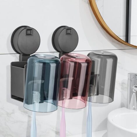 Porta spazzolini da parete [ventosa rimovibile, non è necessaria la foratura], porta spazzolini da bagno in lega di alluminio con 3 scomparti, 3 supporti e 3 bicchieri per collutorio (1/5)